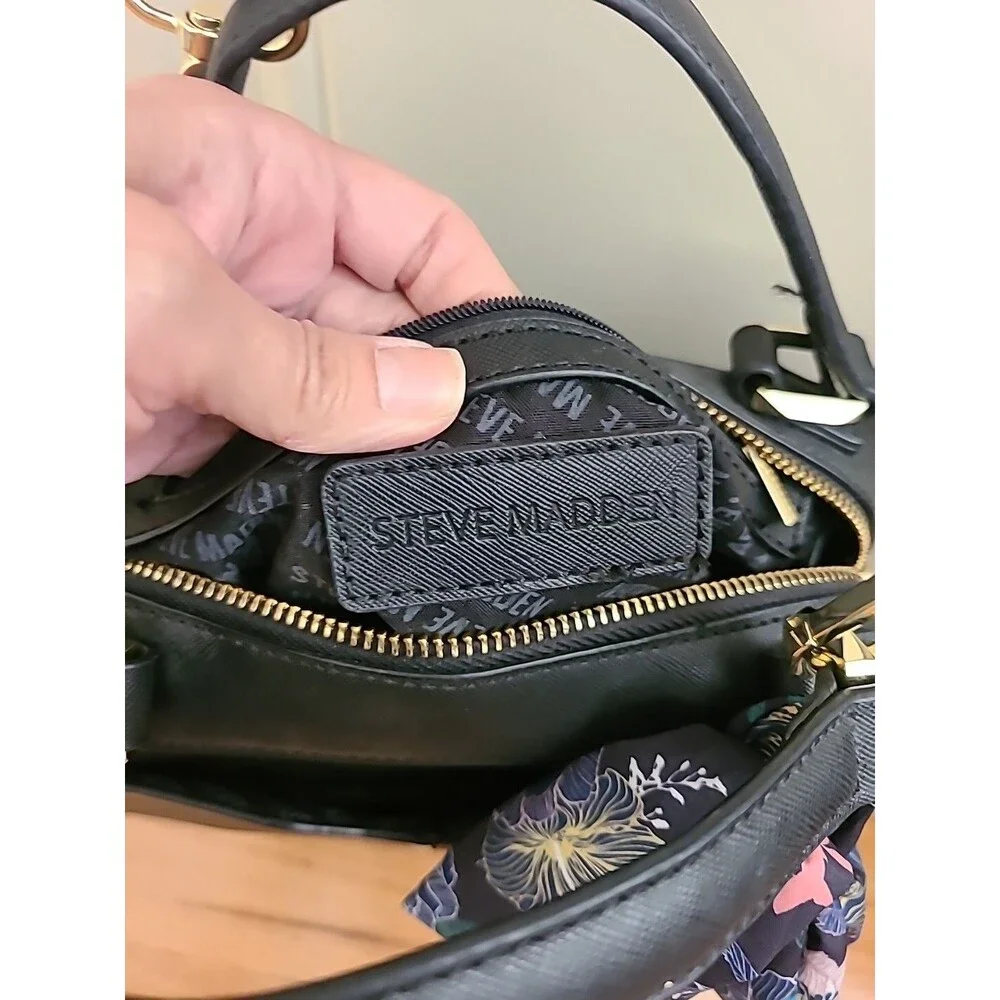 Steve Madden satchel crossbody bag Black Ribbon Gold zipper pockets - Picture 10 of 16